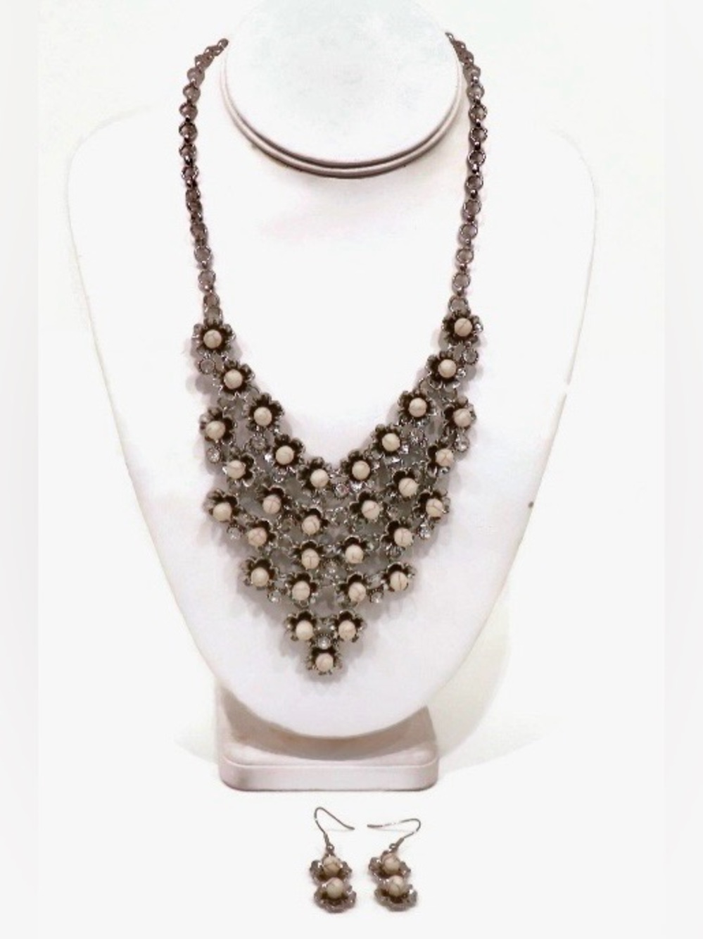 New with box Silver toned Floral Bib Necklace & earrings w/Ivory Bead Accents
